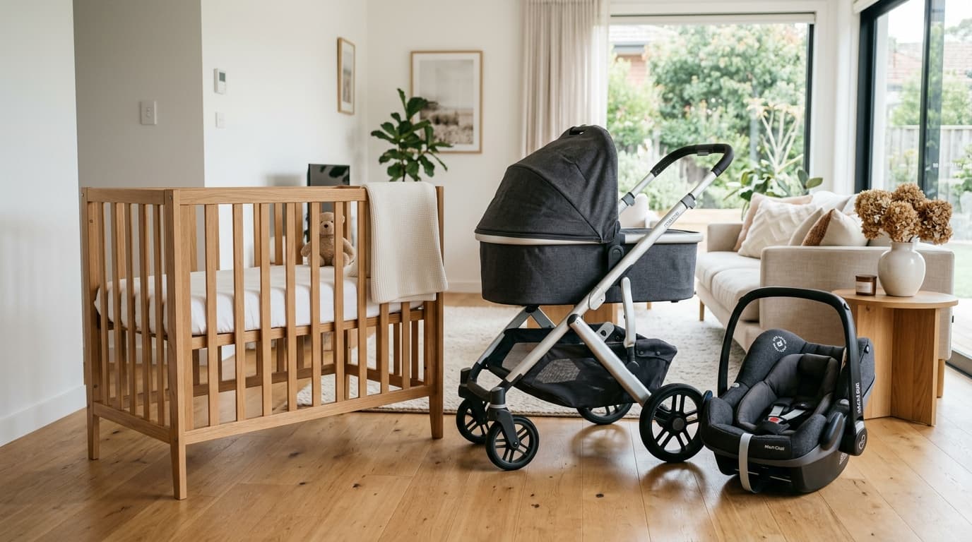 Clean wooden folding crib, modular stroller, and infant car seat neatly staged in a vacation rental home